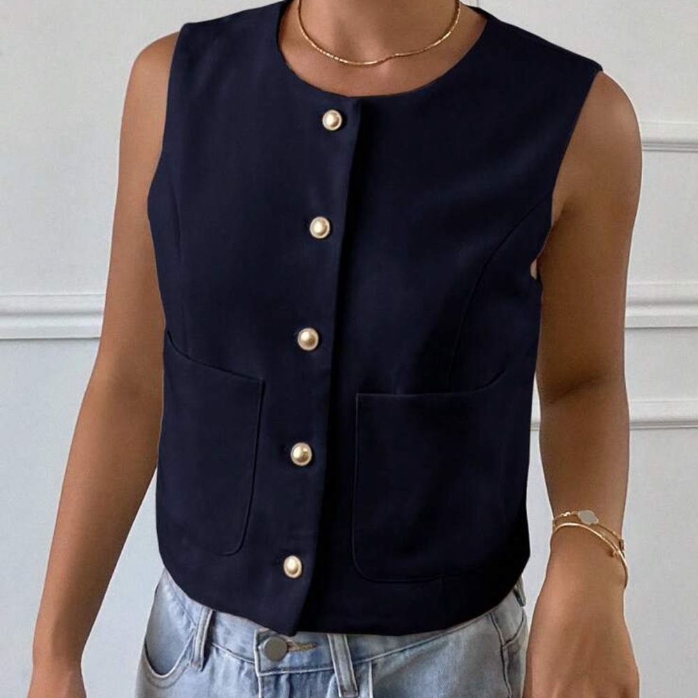 Navy Sleeveless Button-Up Vest